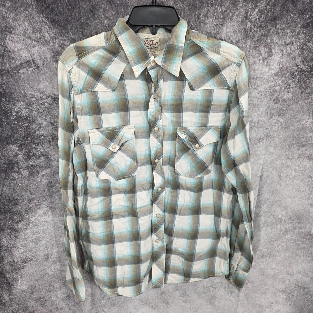 Lucky Brand Western Shirt Mens Medium Pearl Snap Cowboy Rodeo Rancher Vaquerro
